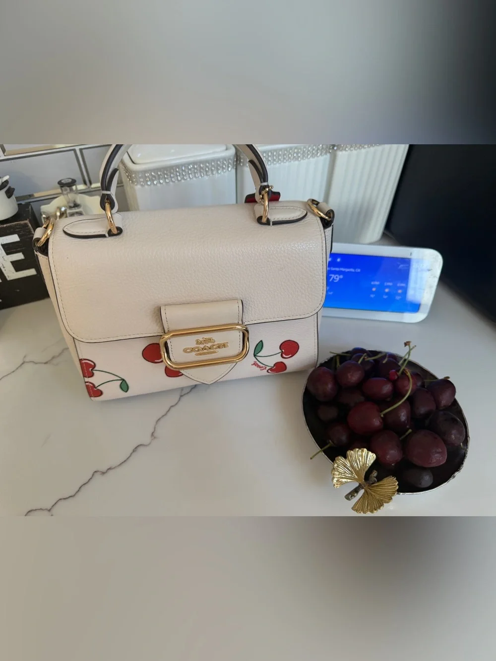 Coach White Leather Top Handle Bag with Cherry Print